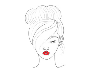 A wonderful abstract woman face , wavy longhair, hair bun and vector illustration line drawing with cap.