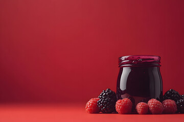 Blackberry jam in a jar - encircled by fresh berries - epitomizing the flavors of summer preserved for colder months red background