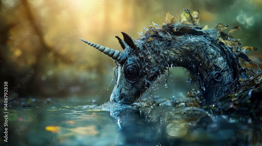 Poster mysterious unicorn emerges from enchanted forest pond fantasy artwork magical atmosphere mystical vi