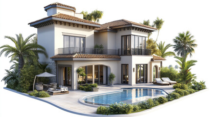 Fototapeta premium Elegant resort style house with pool and lush greenery