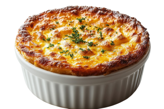 Savory cheese soufflé baked to golden perfection with fresh herbs