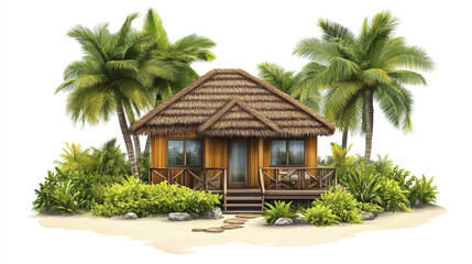 Tropical hut with thatched roof surrounded by palm trees and lush greenery
