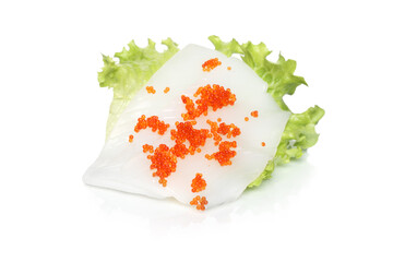 Refined fish roe appetizer on fresh lettuce leaves