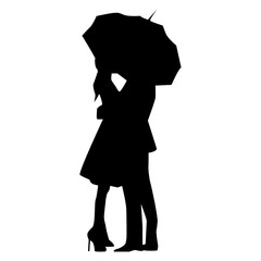 Silhouette of loving couple standing under an umbrella. Vector illustration