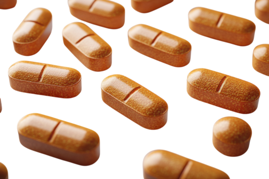 Brown dietary supplements arranged neatly on a white background for health and wellness promotion