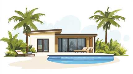 Fototapeta premium Modern resort style house with pool and palm trees, relaxing atmosphere