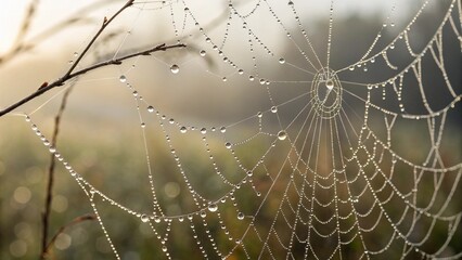Close Up of Spider Web with Dew Drops and Blurred Background in Soft Morning Light