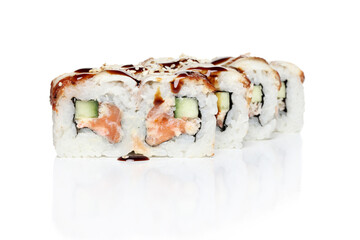 Delicious sushi rolls with salmon and cucumber slices