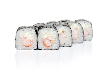 Sushi roll arrangement featuring shrimp on white background