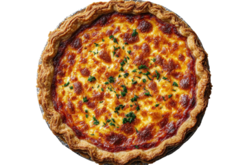 Savory pie topped with molten cheese and herbs ready to be served