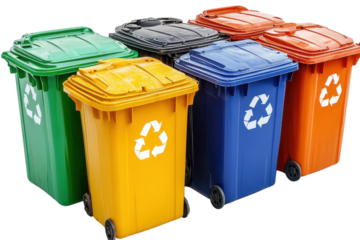 Colorful recycling bins lined up for waste separation in a community space