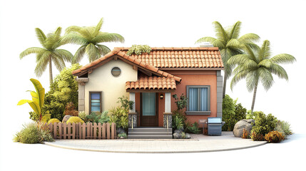 Fototapeta premium Charming resort style house with palm trees and lush greenery