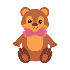 Hand drawn cute teddy bear with bow. Children's color icon on white background, sticker.