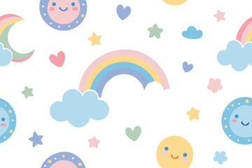 Seamless Pattern Rainbows, Smiling Sun, Clouds, Hearts and Stars on White Backdrop