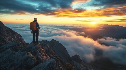 Fototapeta premium A breathtaking wide angle shot of a mountain climber