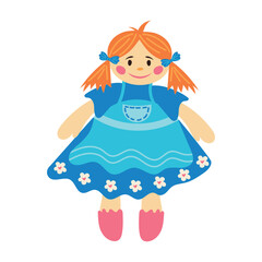 Cute rag doll in a blue dress. children's toy. Toy for girls.