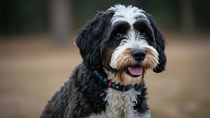 Fototapeta premium A charming Boxerdoodle dog standing on green grass in natural daylight