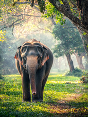 Fototapeta premium Elephant walks sunlit forest path