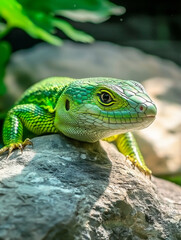 Fototapeta premium Emerald lizard basking on rock, vibrant scales