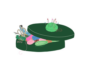 Flat lay illustration of a sewing kit box containing spools of thread, scissors, and pins. Perfect for craft, DIY, or tailoring projects