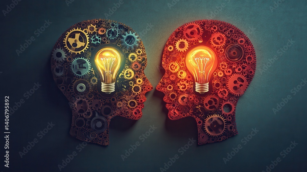 Poster vector of two human heads made of gears with light bulb shape inside