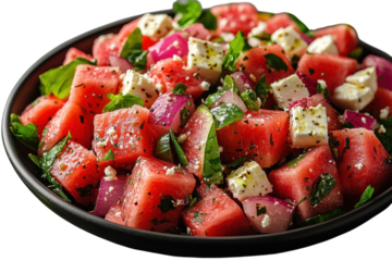 Fresh watermelon salad with cheese and herbs served in a black bowl