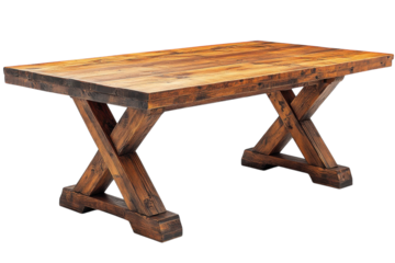 Rustic wooden table with crossed legs perfect for dining or workspace indoors