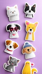 Colorful cartoon pets on a purple background.
