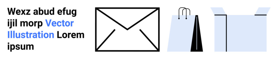 Minimalistic envelope, shopping bag, and open box emphasizing email communication, online shopping, delivery services, packaging, marketing campaigns, digital branding, simple landing page