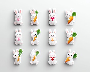 Cute bunny stickers with carrots and hearts.