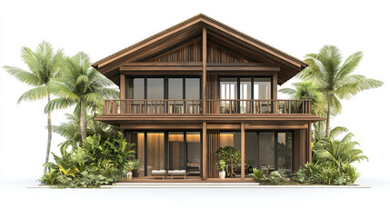 Fototapeta premium Wooden house with tropical plants and palm trees on white background