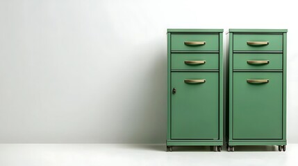 Two green cabinets sit against a white wall, casting shadows on the floor