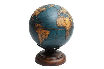 Vintage globe with detailed map design showcasing continents and oceans on a wooden base