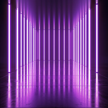 Purple neon lights illuminate a reflective floor in a dark space