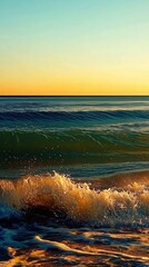 Naklejka premium Golden Sunset Ocean Waves, Dramatic Coastal Scenery, Tranquil Seaside View, Serene Beach Horizon.
