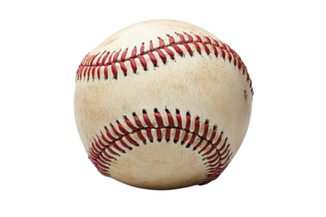 Baseball resting on a flat surface with distinct stitching and wear marks