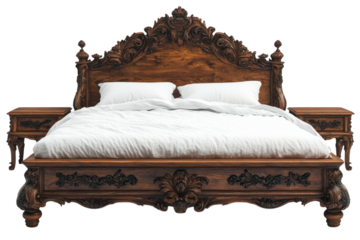 Elegant ornate wooden bed with intricate carvings and luxurious bedding set in a bedroom setting