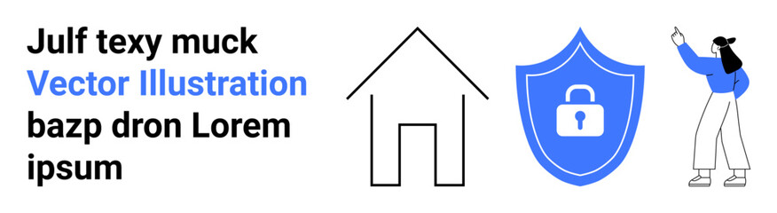 House outline, shield with lock icon, person pointing upwards in casual attire. Ideal for security, home safety, protection, tech solutions, data privacy, network safety simple landing page