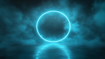Glowing Cyan Neon Circle in Dark Smoky Setting
