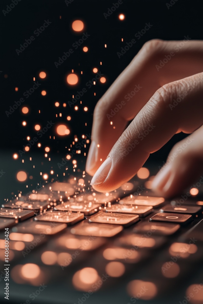 Poster a hand hovers over a glowing keyboard, where fingers create a spark of light with each keystroke, sy
