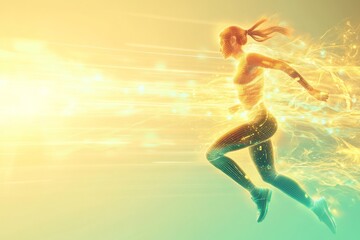 Futuristic female runner in glowing smart sportswear. Biometric light trails, abstract tech background, fast motion, AI-enhanced performance, digital sport concept.