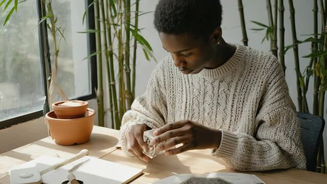 A student sits at a desk in a cozy mocha-toned study room, using a stress relief toy while focusing. The calm setting highlights focus tools for ADHD or high-concentration moments.