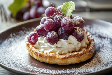 Shine Muscat grapes on whipped cream tart in shortcrust basket