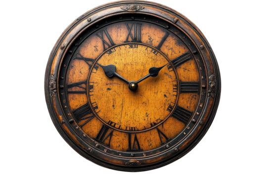 Vintage wall clock with Roman numerals showcasing rustic charm in warm tones