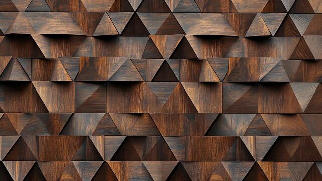 Intricate Dark Wood Panel Design with Triangular and Square Patterns