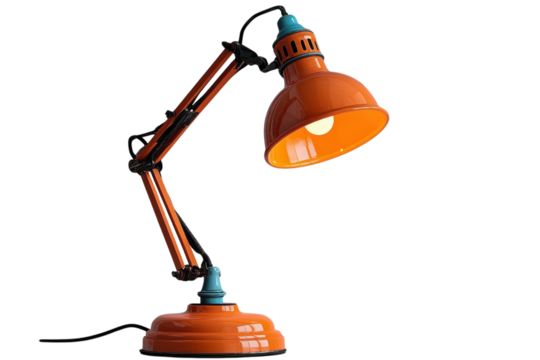 Colorful desk lamp with an adjustable arm in a modern workspace setting during daytime
