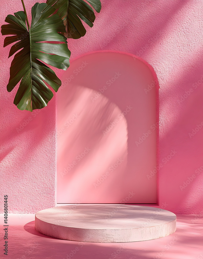 Aufkleber soft palm leaf shadows on a pink wall, minimal abstract background for product display. spring and s