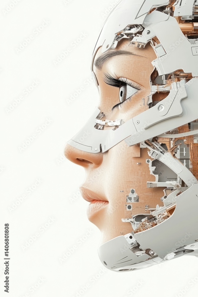 Poster a close-up view reveals a robotic face that merges human features with technological elements, highl