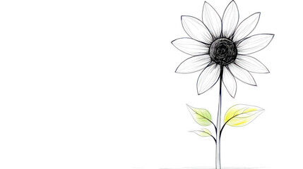 Minimalist line art illustration of sunflower blooming on white background