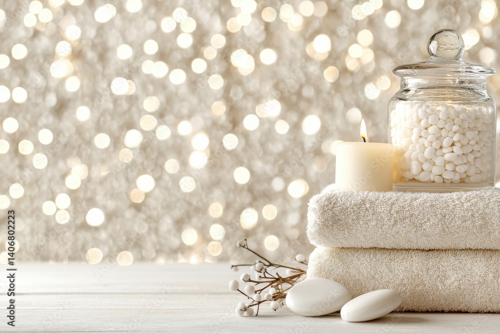 Poster relaxing spa setting with candle, towels, and pebble stones against a sparkling bokeh background